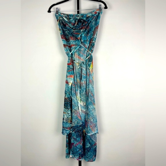 S-12 Multicolored Sheer Strapless Flowy Tie Front Bejeweled Swim Cover Up Dress - Picture 1 of 7
